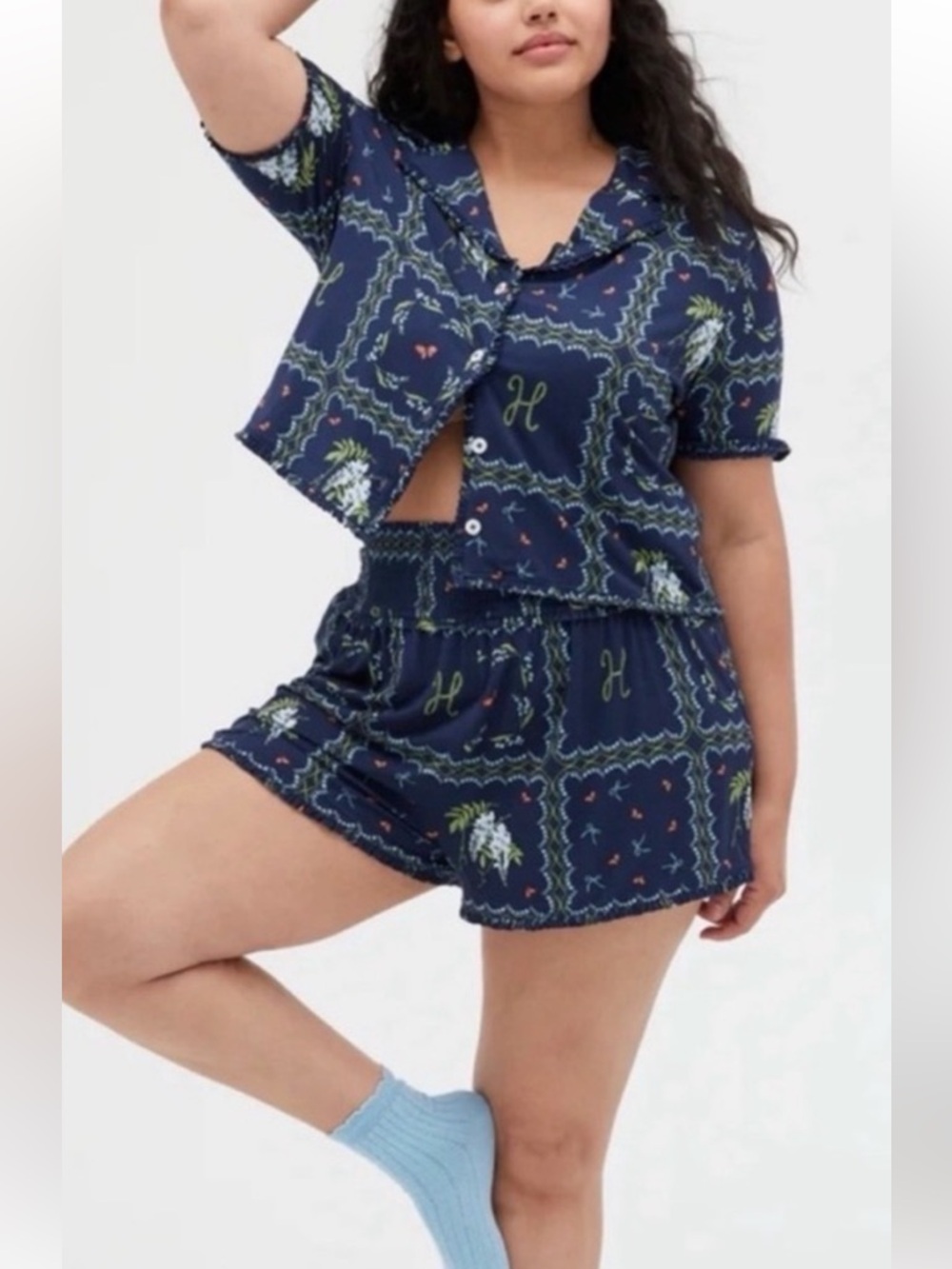 Hill House The Paige Pajama Shorts Set in Navy Floral Patchwork Size S NWT
